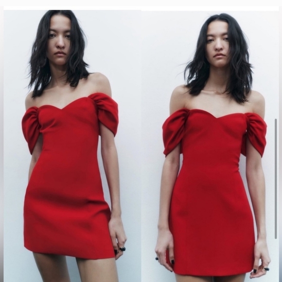 ZARA sweetheart neckline mini dress red off the shoulder. Size Small - Picture 4 of 16